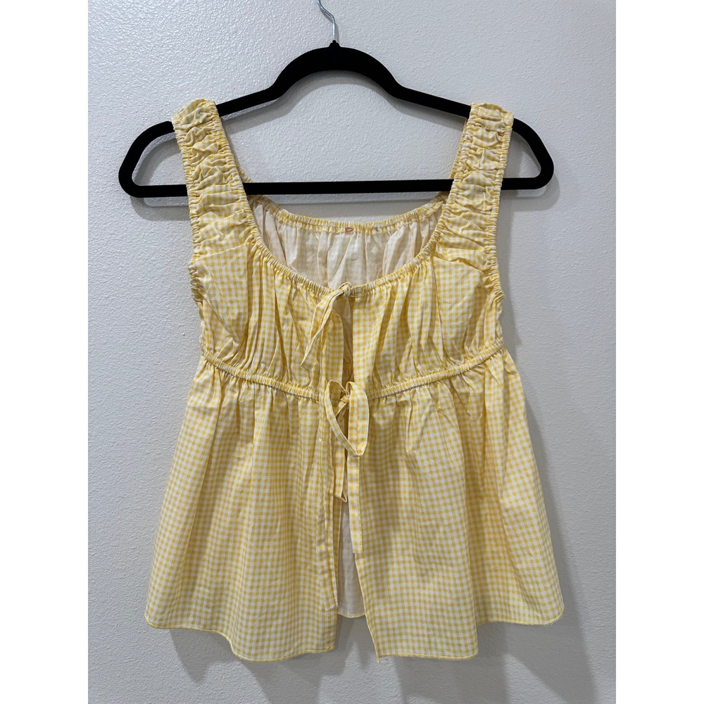 Yellow Gingham Ruffle Strap Babydoll Tie Front Cotton Cami Top S-L